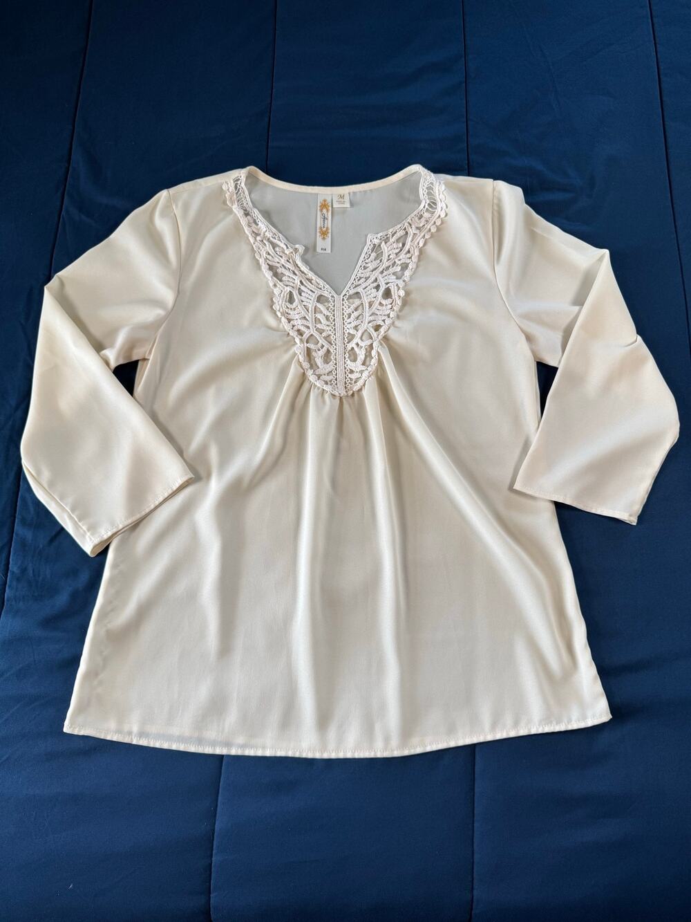 Adiva Cream Sheer Crochet Lace Boho Peasant Blouse Women's Medium 3/4 Sleeve